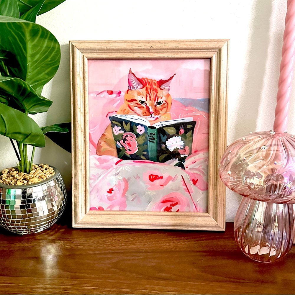 Orange Cat Book Worm Fluffy Flower Blanket Floral Framed Canvas Print Wall Art - Picture 1 of 8